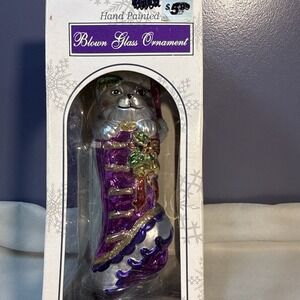 Vintage 1999 Atico Blown Glass Cat in Boot Christmas Ornament Hand Painted